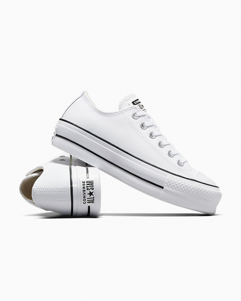 Converse Chuck Taylor All Star Lift Plateforme Cuir Blanche Noir Blanche  | CGV-2247291