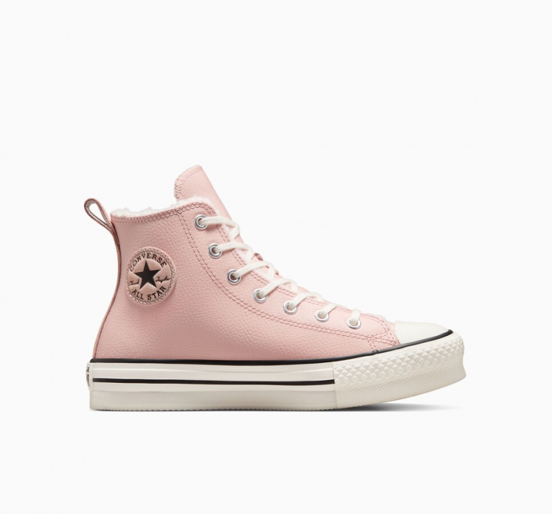 Converse Chuck Taylor All Star Lift Plateforme Cuir & Sherpa Rose Blanche Noir  | PFO-5572179