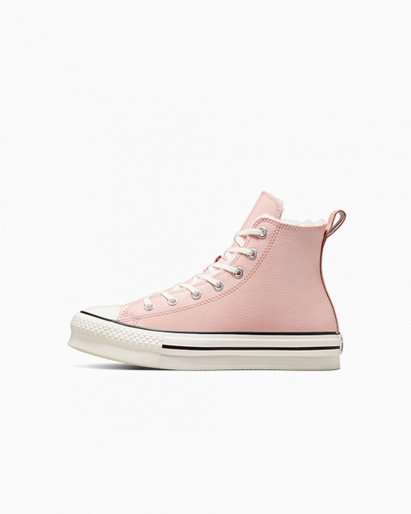 Converse Chuck Taylor All Star Lift Plateforme Cuir & Sherpa Rose Blanche Noir  | PFO-5572179