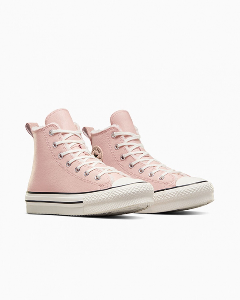 Converse Chuck Taylor All Star Lift Plateforme Cuir & Sherpa Rose Blanche Noir  | PFO-5572179