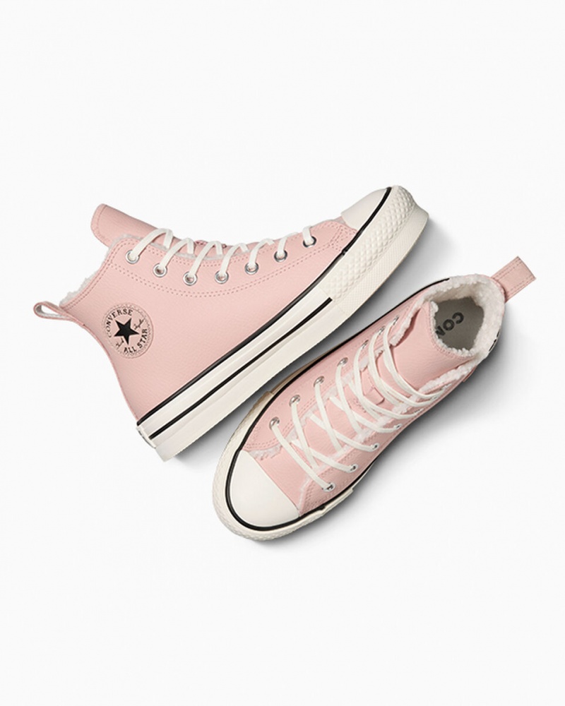 Converse Chuck Taylor All Star Lift Plateforme Cuir & Sherpa Rose Blanche Noir  | PFO-5572179