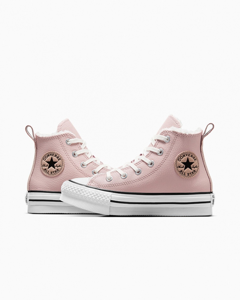 Converse Chuck Taylor All Star Lift Plateforme Cuir & Faux Fur Rose Blanche Noir  | GIV-1723238