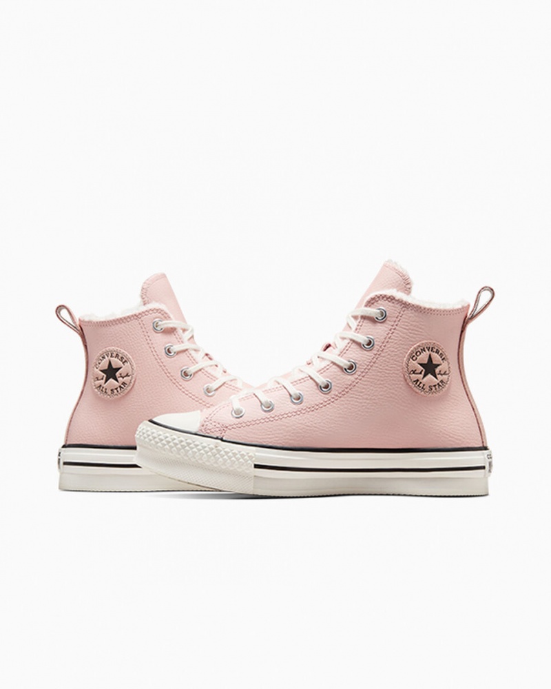 Converse Chuck Taylor All Star Lift Plateforme Cuir & Sherpa Rose Blanche Noir  | PFO-5572179