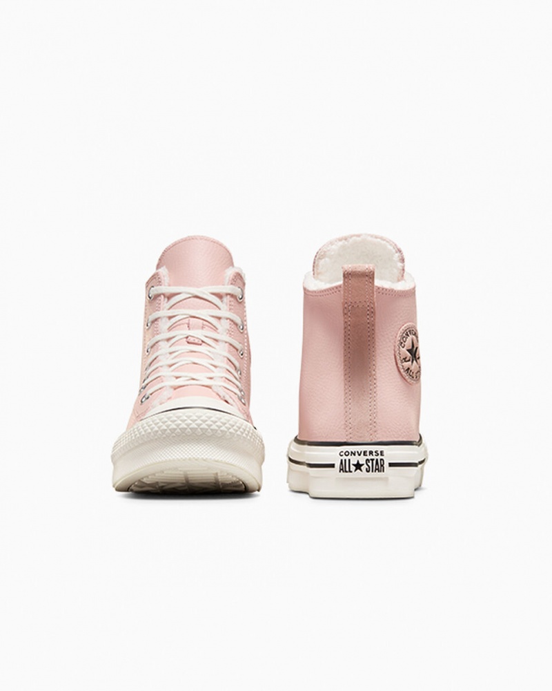 Converse Chuck Taylor All Star Lift Plateforme Cuir & Sherpa Rose Blanche Noir  | PFO-5572179