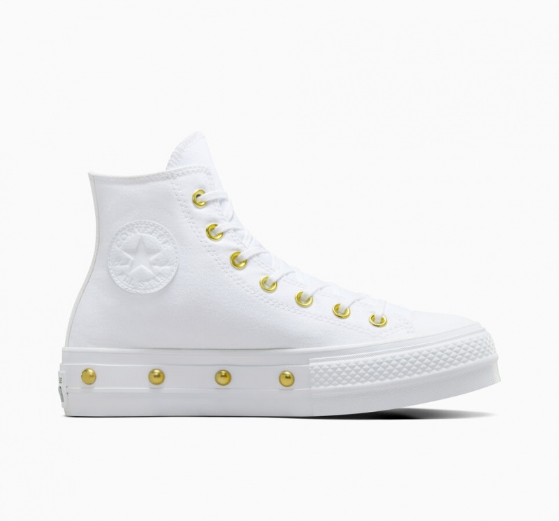 Converse Chuck Taylor All Star Lift Plateforme Star Studded Blanche Blanche Doré  | TOT-0296504