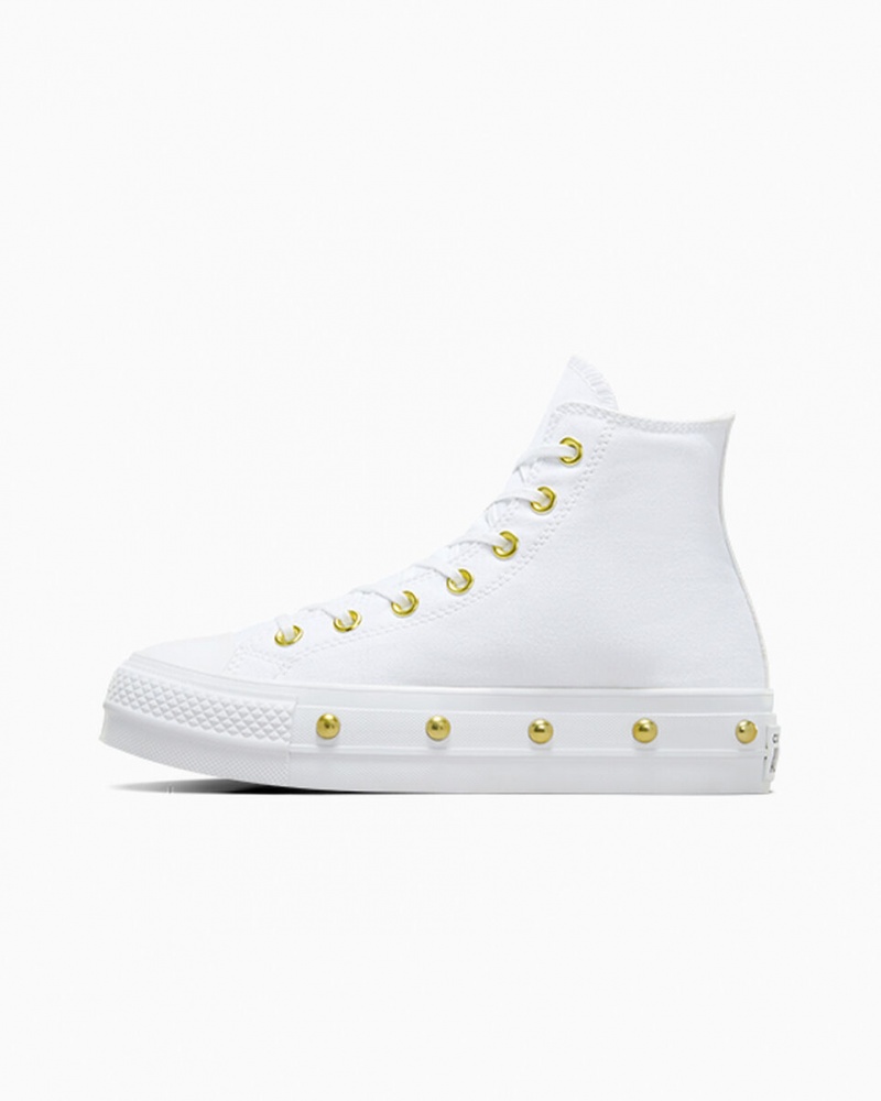 Converse Chuck Taylor All Star Lift Plateforme Star Studded Blanche Blanche Doré  | TOT-0296504