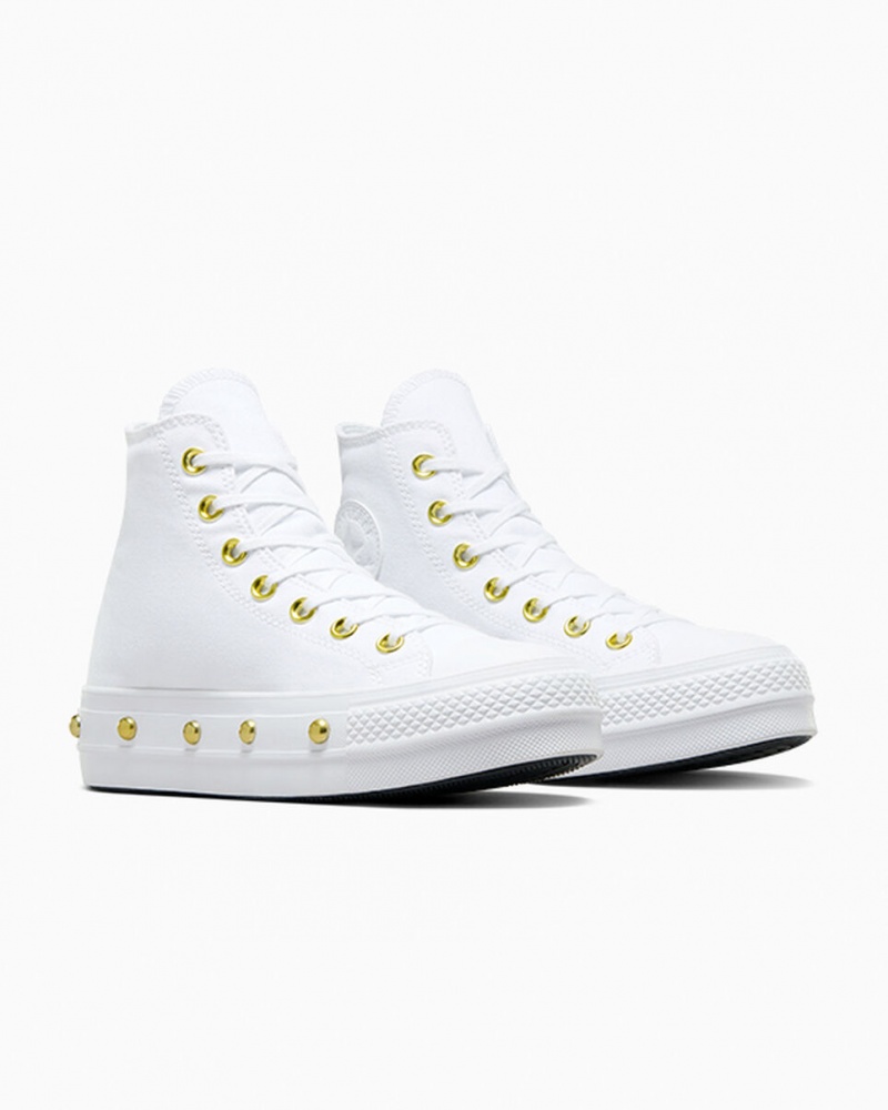 Converse Chuck Taylor All Star Lift Plateforme Star Studded Blanche Blanche Doré  | TOT-0296504