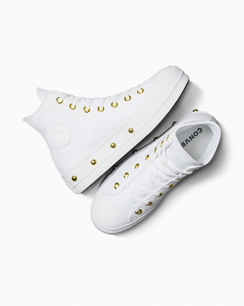 Converse Chuck Taylor All Star Lift Plateforme Star Studded Blanche Blanche Doré  | TOT-0296504