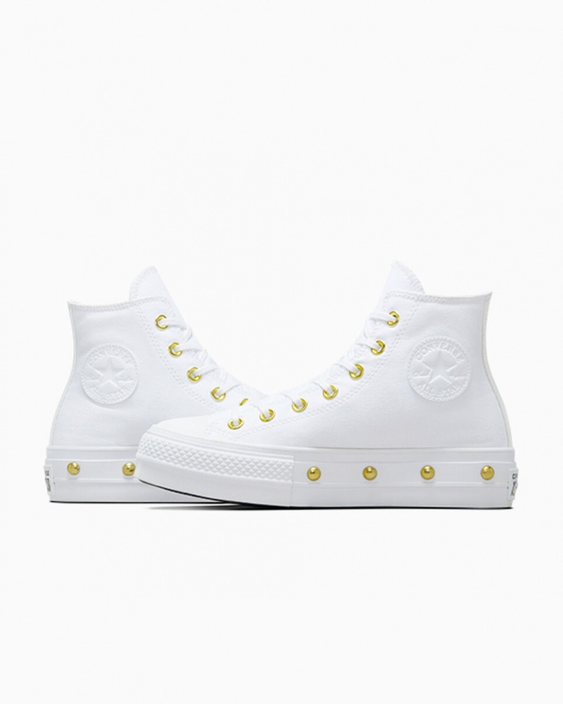 Converse Chuck Taylor All Star Lift Plateforme Star Studded Blanche Blanche Doré  | TOT-0296504