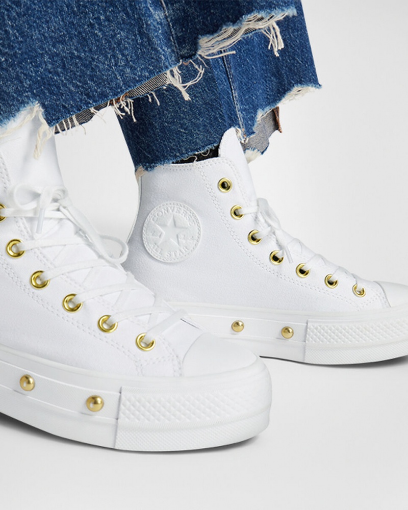 Converse Chuck Taylor All Star Lift Plateforme Star Studded Blanche Blanche Doré  | TOT-0296504